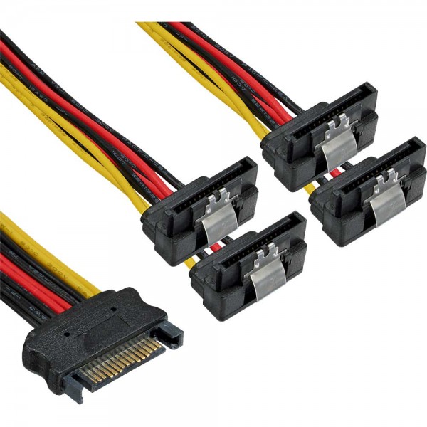 InLine® SATA Strom-Y-Kabel, SATA Buchse an 4x SATA Stecker gewinkelt, mit Sicherheitslaschen, 0,15m