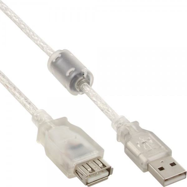 InLine® USB 2.0 Verlängerung, Stecker / Buchse, Typ A, transparent, mit Ferritkern, 1m