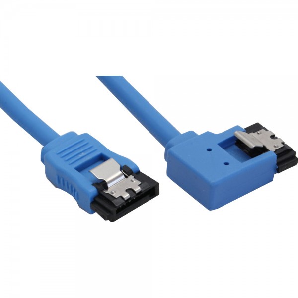 InLine® SATA 6Gb/s Anschlusskabel rund, abgewinkelt links, blau, mit Lasche, 0,15m