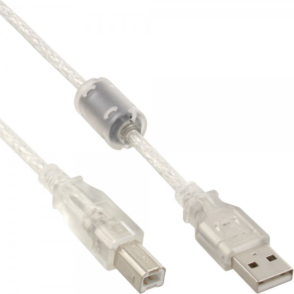 InLine® USB 2.0 Kabel, A an B, transparent, mit Ferritkern, 3m