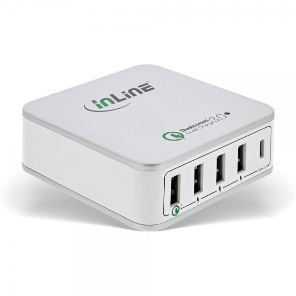 InLine® Quick Charge 3.0 USB Netzteil, Ladegerät, 4x USB A + USB Typ-C, 40W, weiß